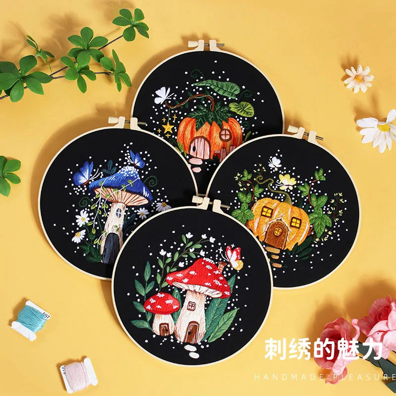 Mushroom Embroidery Kit for Beginners Pumpkin Cross Stitch Set DIY Adult Hand Needlepoint Set with Mushroom Pattern Needles
