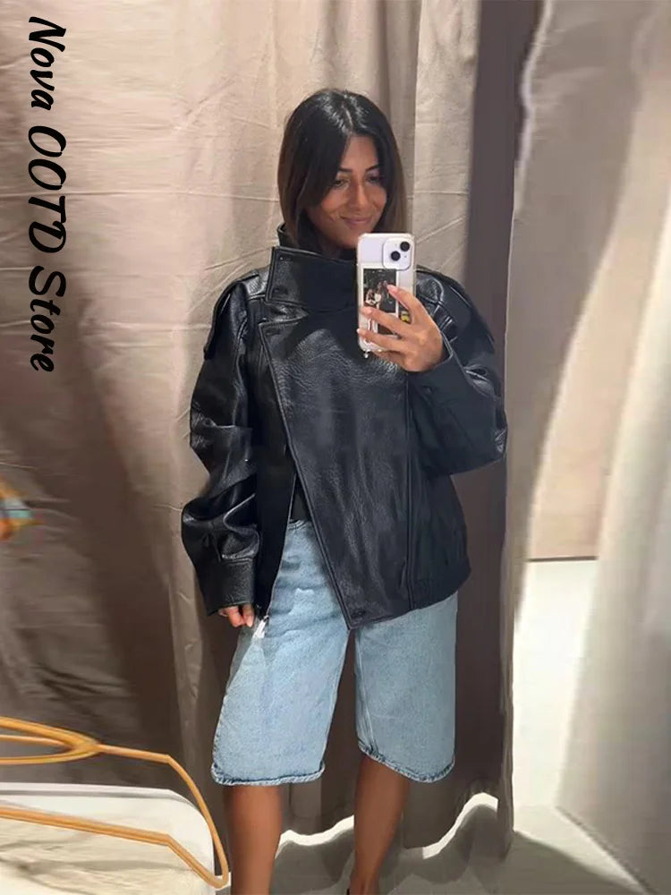 Short Leather Jacket Zipper, Lapel Belt Coat for women