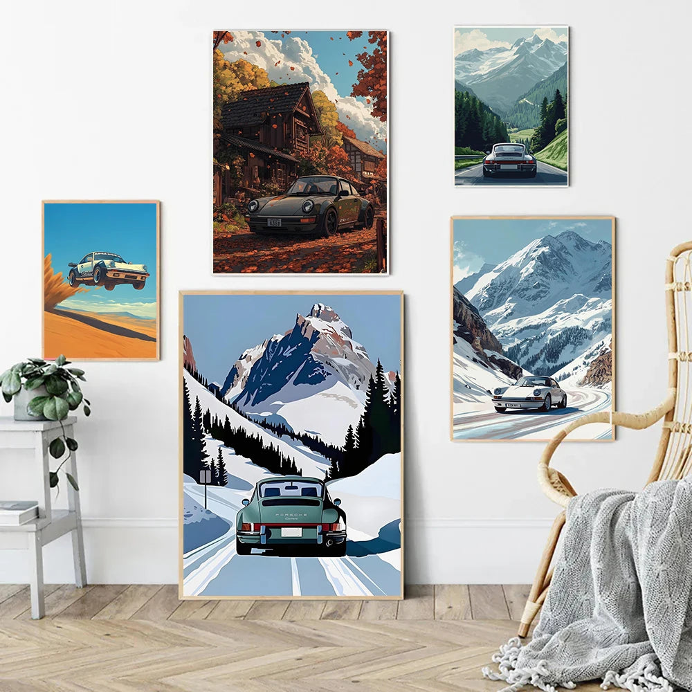 Classic Porsche 911 Alpine Drive Poster Retro Alpine Trip Cartoon Prints Canvas Painting Wall Art Picture Home Living Room Decor