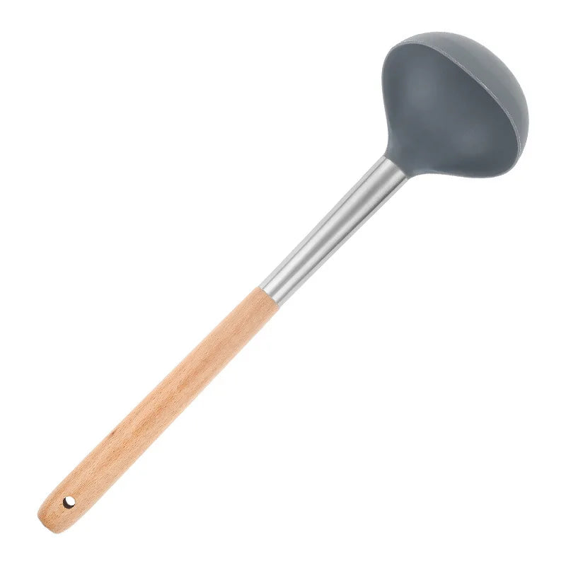 Silicone kitchen utensils, silicone spatula, wooden handle, silicone spatula, silicone soup spoon, leak spatula, non-stick pan