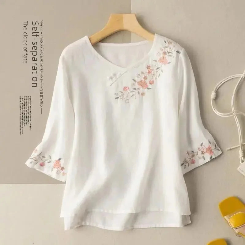Loose Embroidered Cotton Linen Versatile Sleeveless Shirt