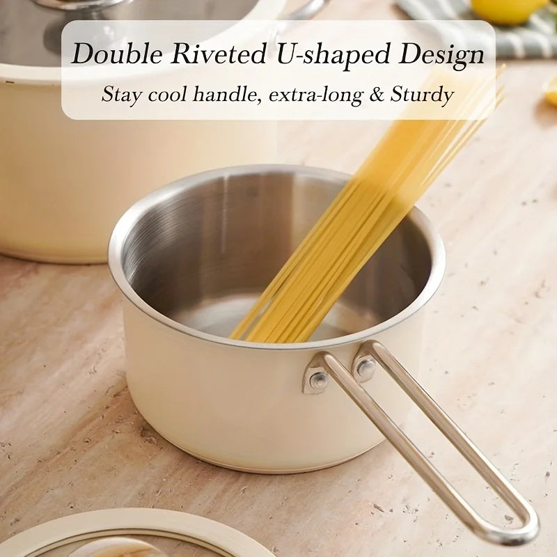 4PCS Stainless Steel Cookware Set with Glass Lid 15.5/17.7/21.5/23.8cm for Dining Room Cooking Soup Hot Pot Gas Stoves