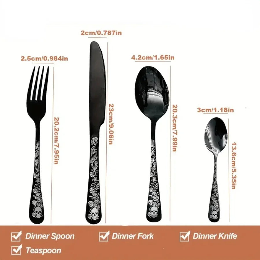 16Pcs Stainless Steel Tableware Set with Skull and Rose Pattern Silverware, Mirror Polished, with Spoon, Fork and Knife, Suitable for Dark Rock Enthusiasts, Suitable for Halloween, Day of the Day, May 5Th Day, Birthday.