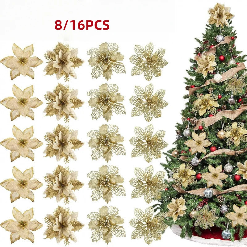 8/16Pcs Glitter Artificial Christmas Flowers