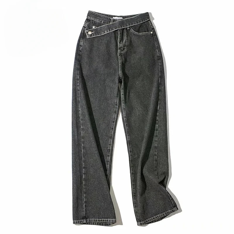 Women's Straight Floor Oblique Belt Denim Pants
