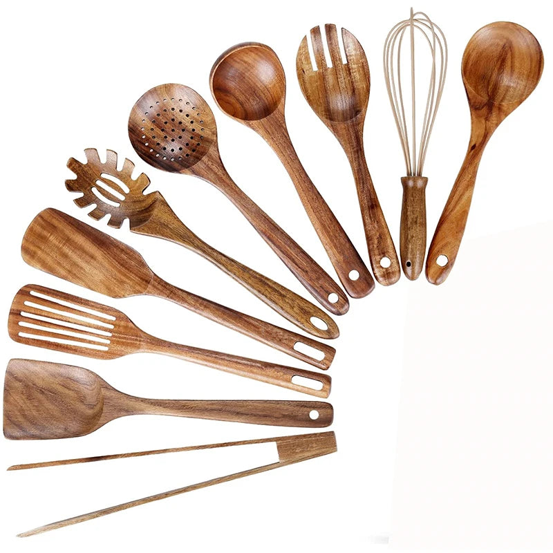 LMETJMA 10 Pack Natural Teak Wooden Kitchen Utensil Set Wooden Spoons Spatula Cooking Utensil Set For Cooking Baking JT503