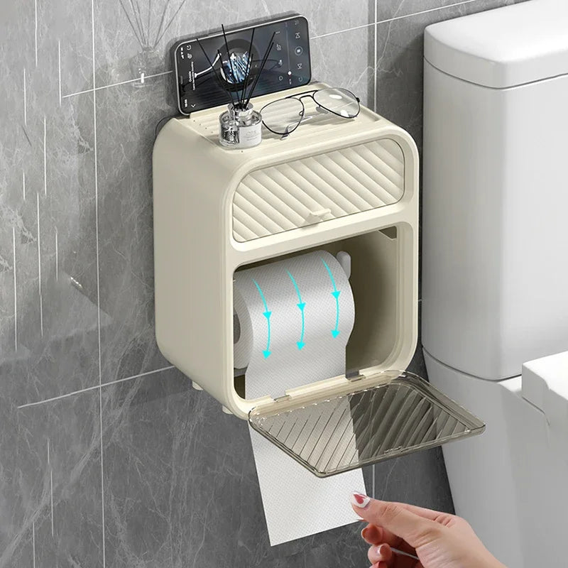 Wall Mounted Toilet Paper Holder Adhesive Mount No Drill Bathroom Tissue Dispenser Kitchen Paper Towel Organizer Storage Box