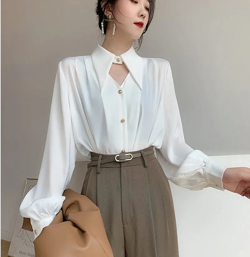 Women's Satin Korean Office Lady Blouses Top