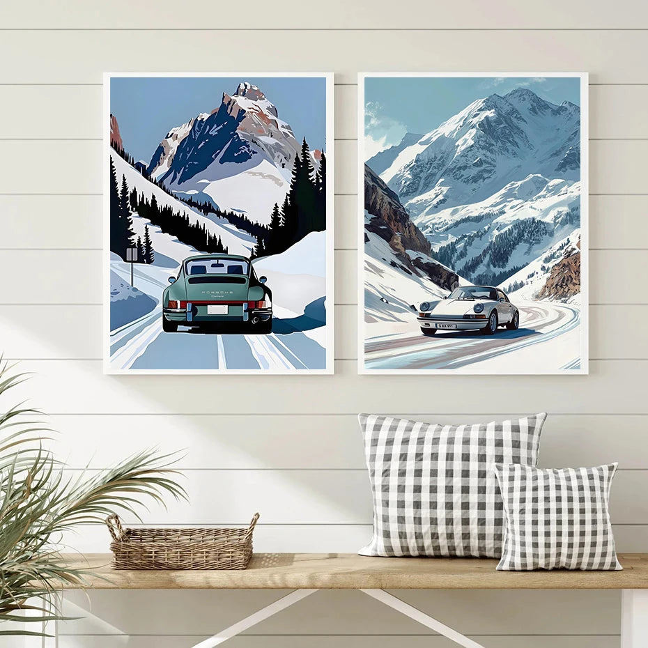 Classic Porsche 911 Alpine Drive Poster Retro Alpine Trip Cartoon Prints Canvas Painting Wall Art Picture Home Living Room Decor