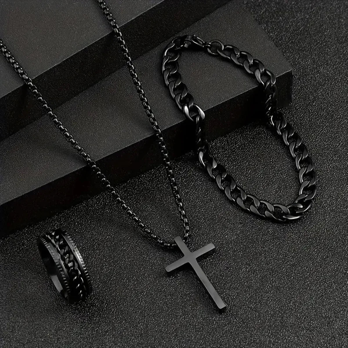 Dark Cross Block Necklace Pendant Bracelet Ring Set