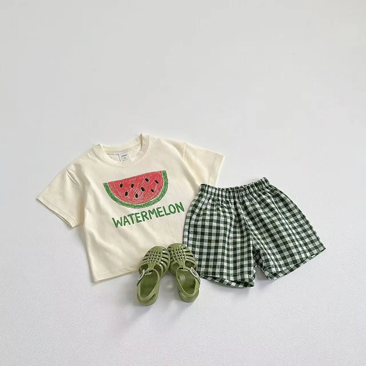 Fruit Pattern Suit Tees + Plaid Shorts Kids Outfits