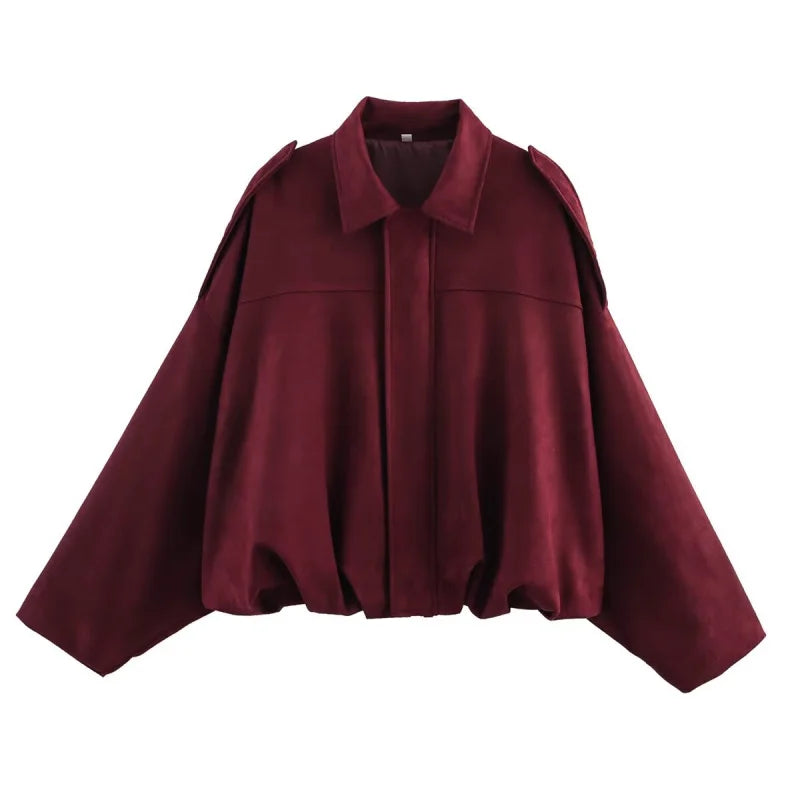 women's suede texture lapel shoulder bomber jacket
