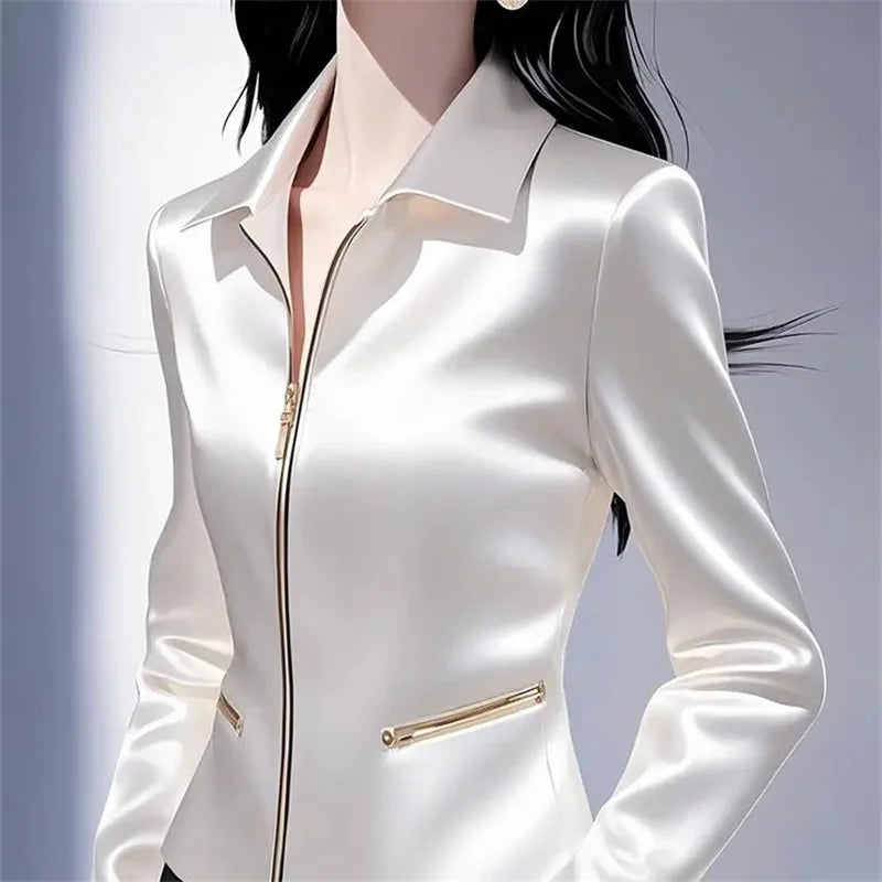 Contrast Satin Women Zipper Top Jacket