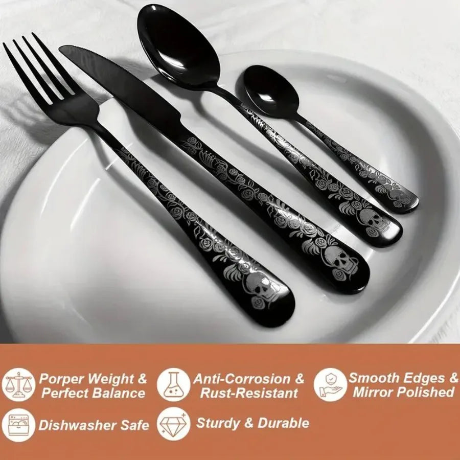 16Pcs Stainless Steel Tableware Set with Skull and Rose Pattern Silverware, Mirror Polished, with Spoon, Fork and Knife, Suitable for Dark Rock Enthusiasts, Suitable for Halloween, Day of the Day, May 5Th Day, Birthday.