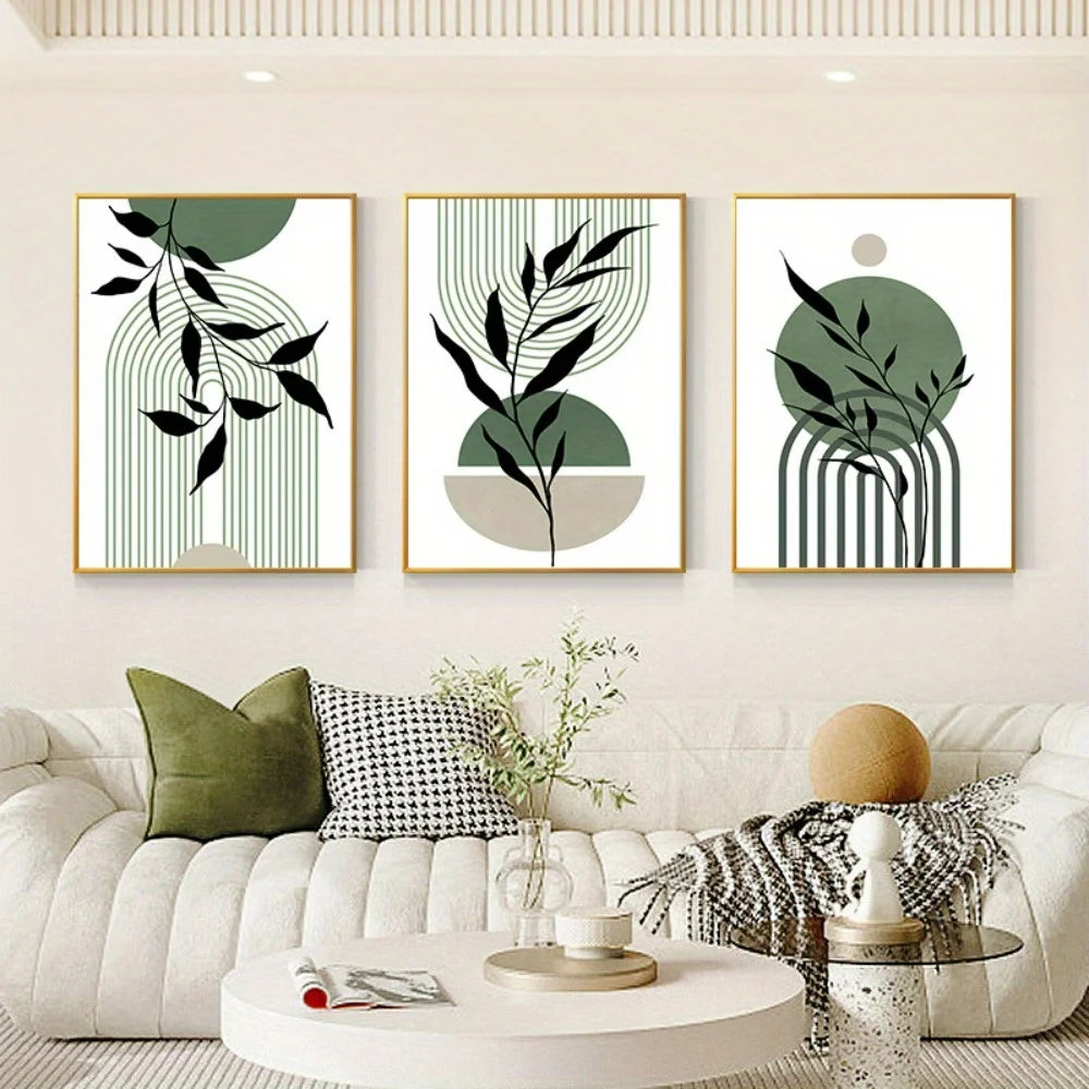 3pcs Sage Green Boho Wall Art Green Black Beige Abstract Mid-Century Poster Modern Botanical Living Room Bedroom Wall Decoration