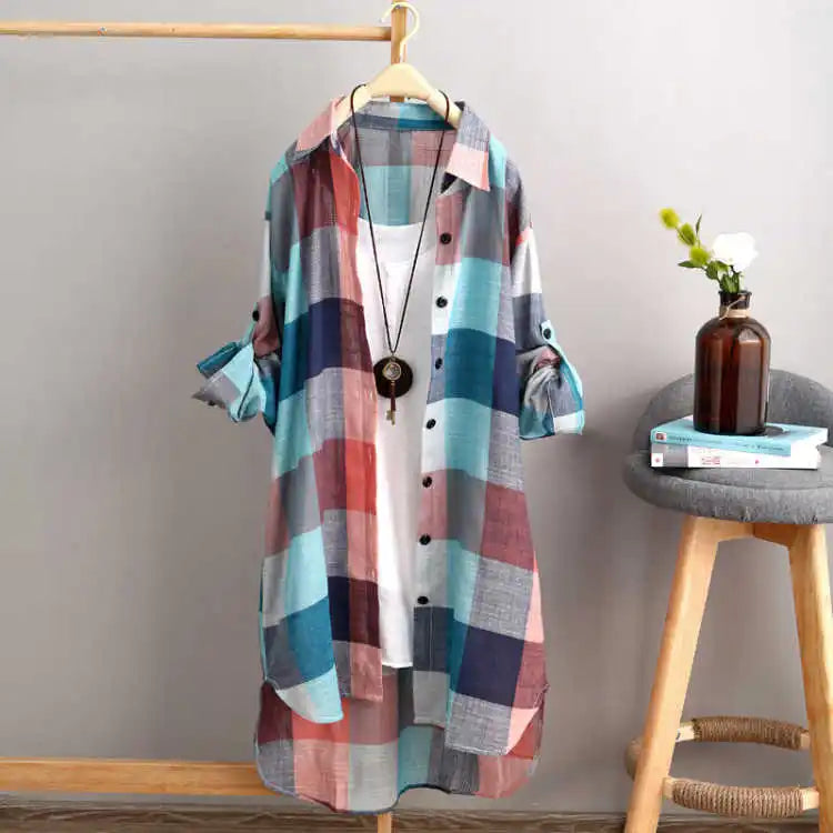 Women's Plaid Cotton Shirt Chic Women Elegant Blouse