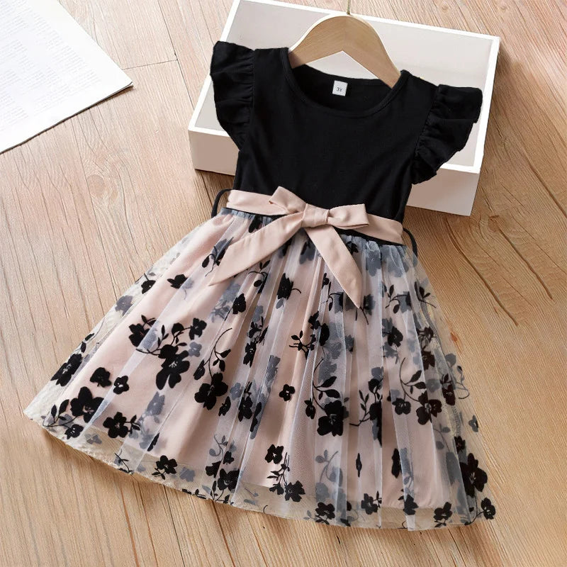 Black Rose Flower Ruffles Elegant Princess Dress