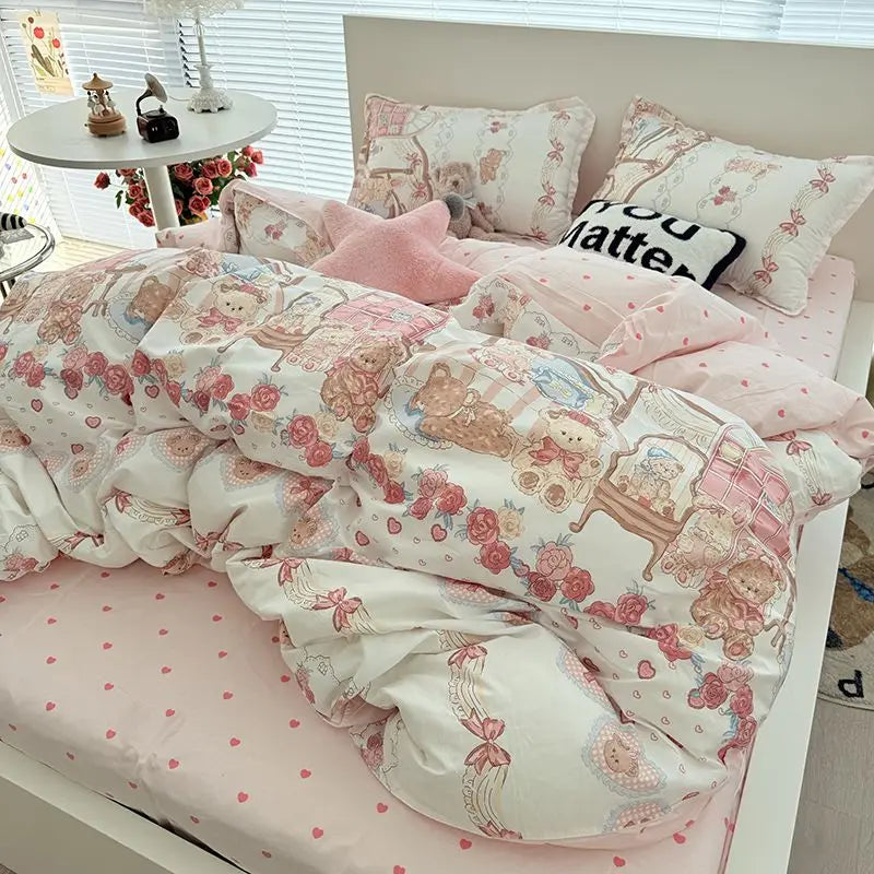 Bear Floral Bed Sheet Cover Pillowcases