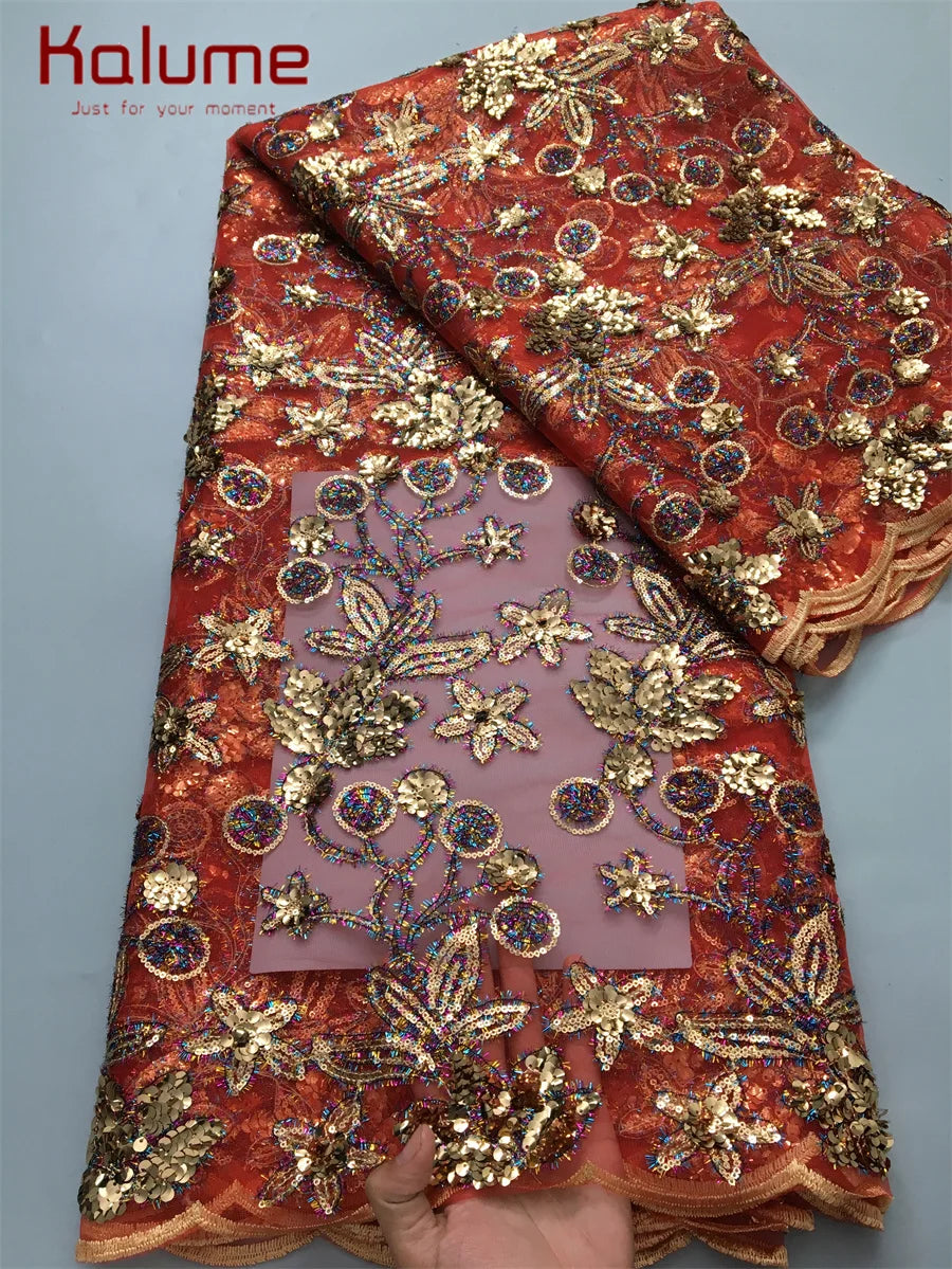 Kalume 2025 African Lace Fabric Sequins Nigerian Mesh Lace Fabric Sequins 5 Yards High Quality For Party Wedding Dress F3811