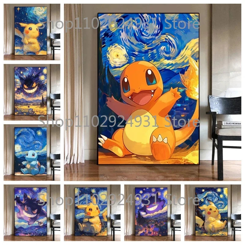 Classic Anime Pokemon Poster Pikachu Gengar Spray Charmander Starry Sky Series Canvas Painting Home Wall Decoration Art Painting