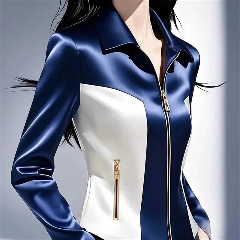 Contrast Satin Women Zipper Top Jacket