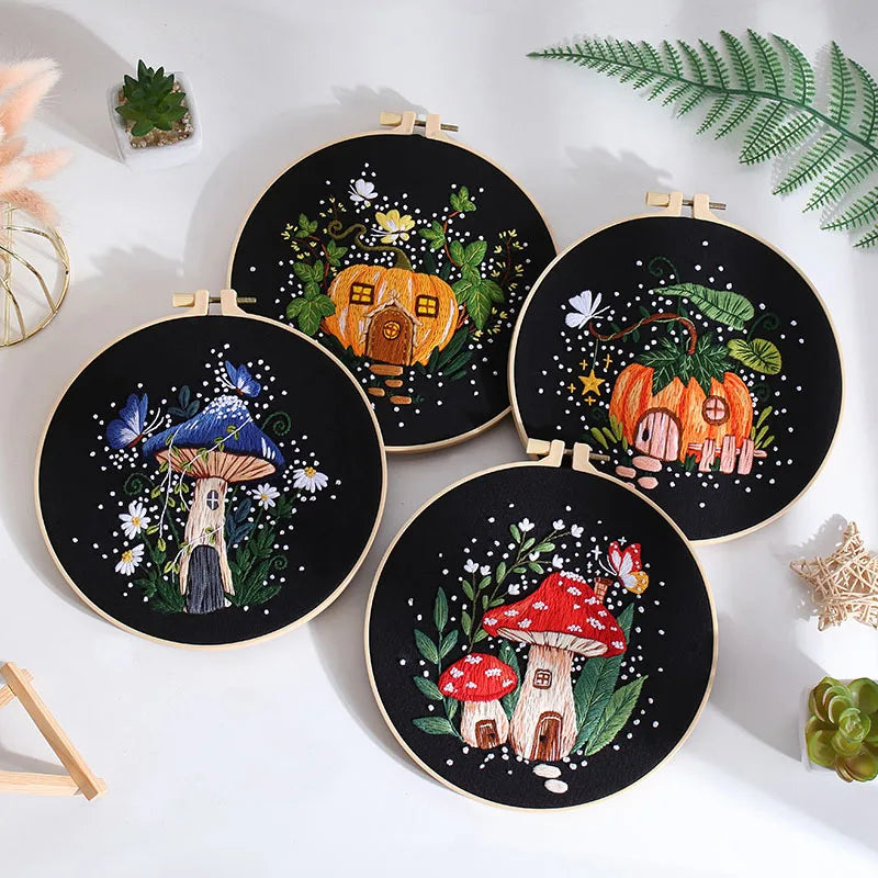 Mushroom Embroidery Kit for Beginners Pumpkin Cross Stitch Set DIY Adult Hand Needlepoint Set with Mushroom Pattern Needles