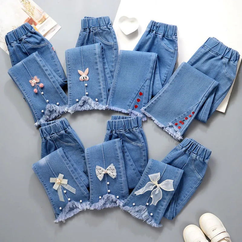 Elastic Leisure Bow Denim Children Flared Pants