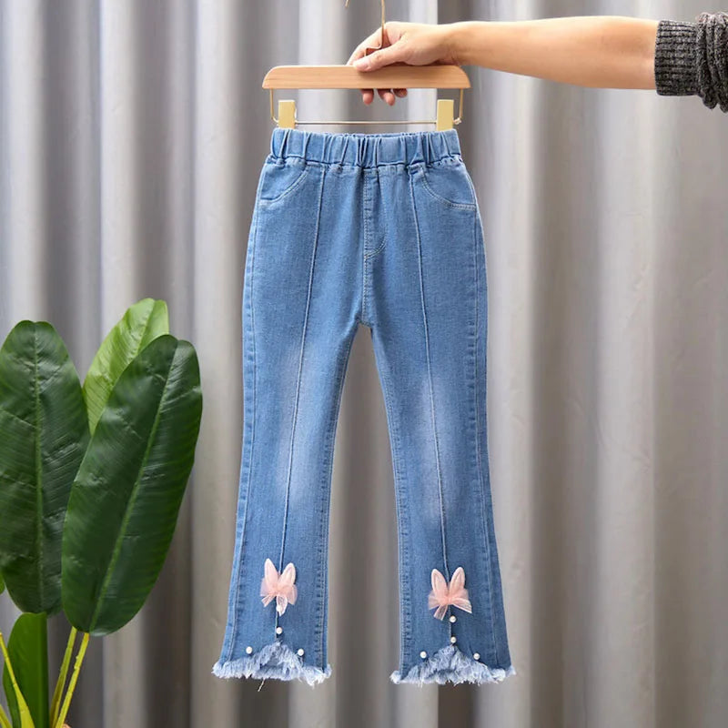 Elastic Leisure Bow Denim Children Flared Pants