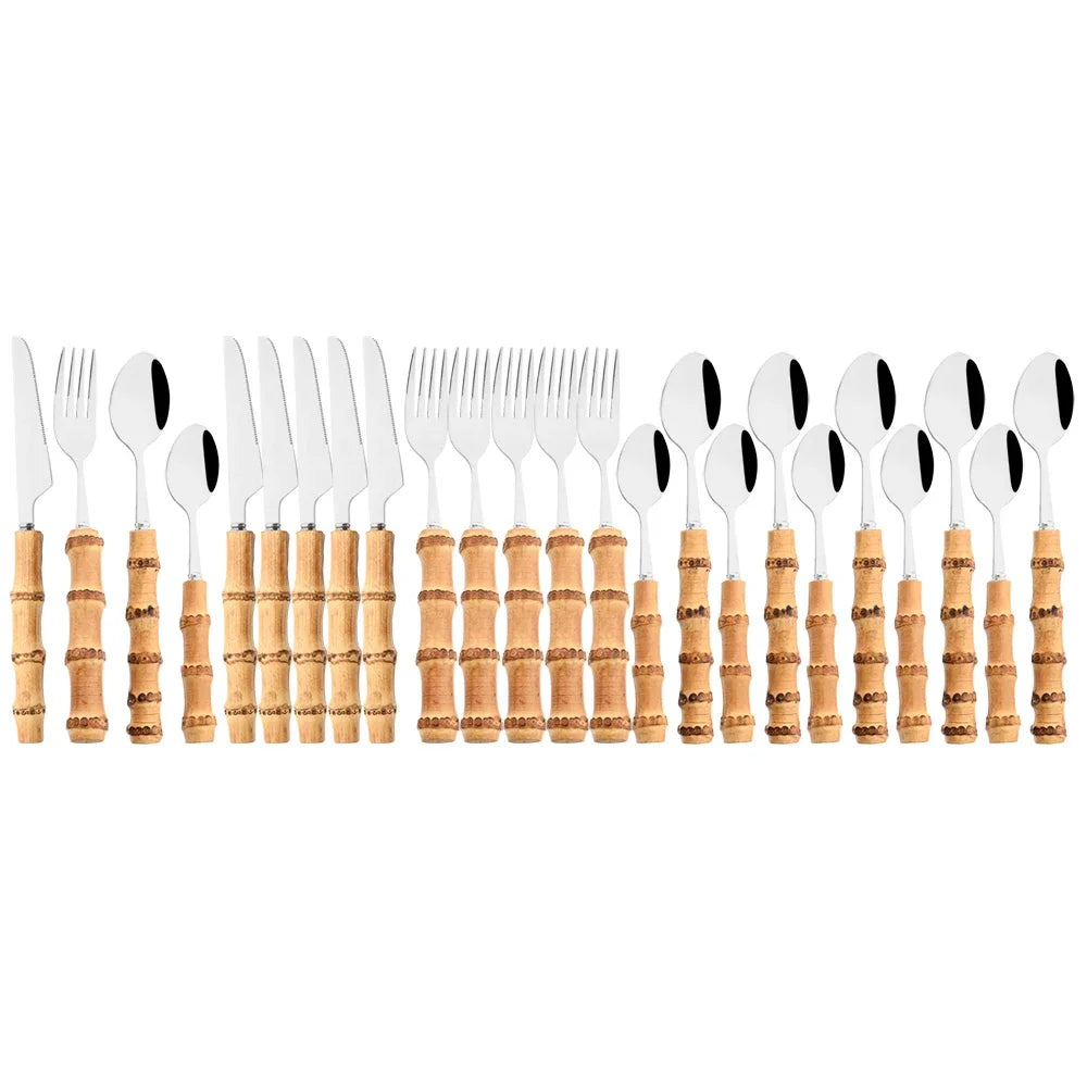 24/30Pcs Imitation Wooden Handle Dinnerware Cutlery Set Stainless Steel Tableware Western Knife Fork Spoons Silverware Flatware