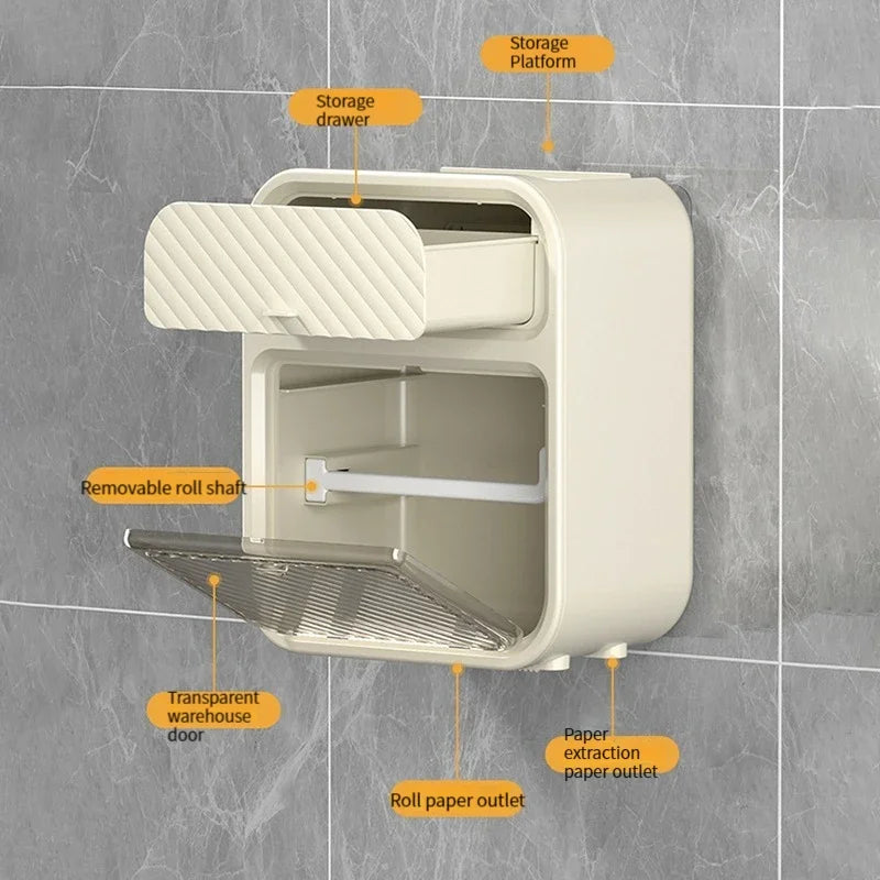 Wall Mounted Toilet Paper Holder Adhesive Mount No Drill Bathroom Tissue Dispenser Kitchen Paper Towel Organizer Storage Box