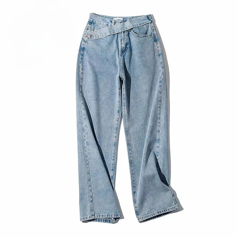 Women's Straight Floor Oblique Belt Denim Pants