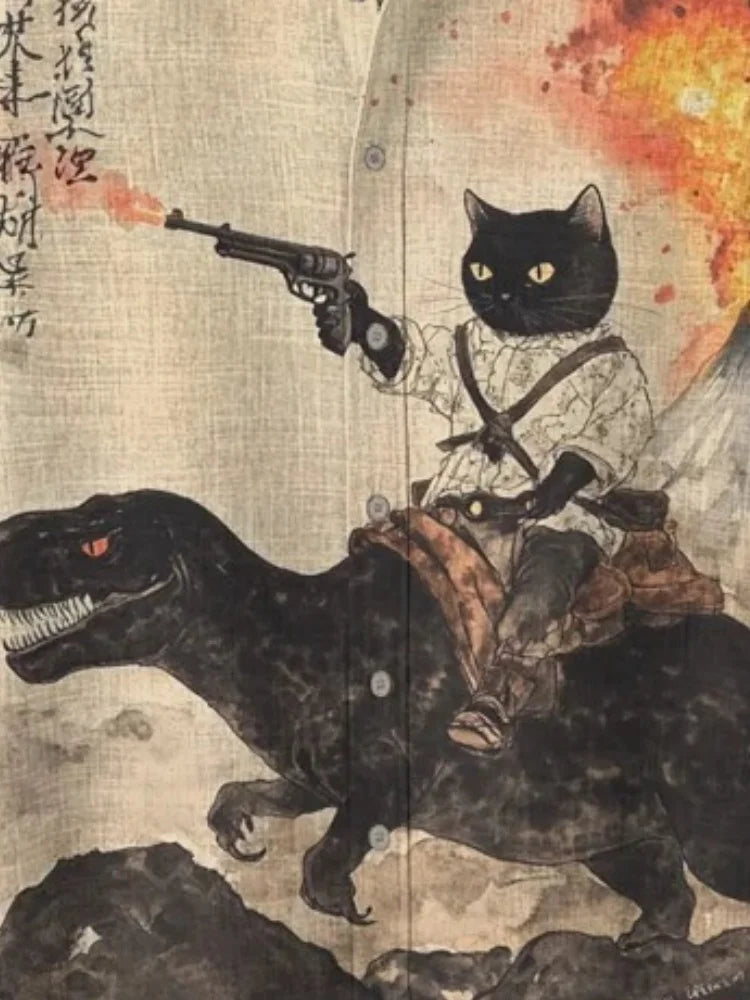 Retro Calligraphy Cat Dinosaur Print Shirt