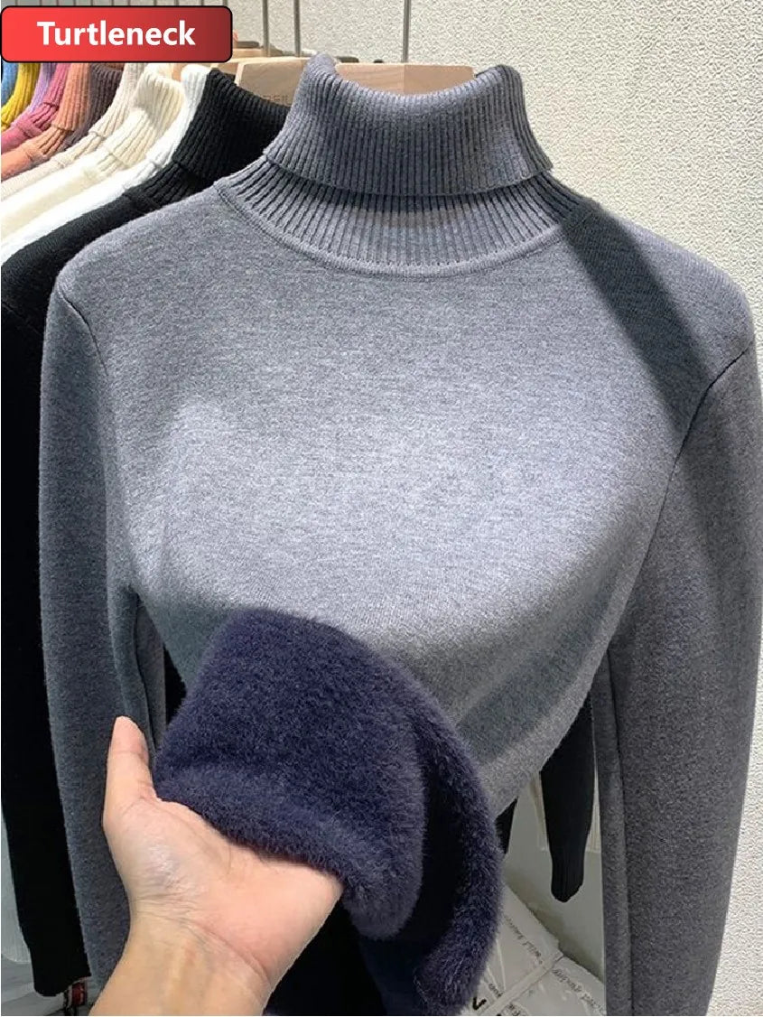 Women Elegant Thicken Velvet Lined Warm Knitted Top