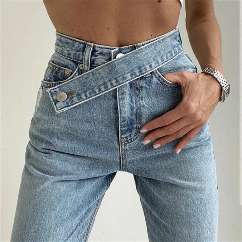 Women's Straight Floor Oblique Belt Denim Pants