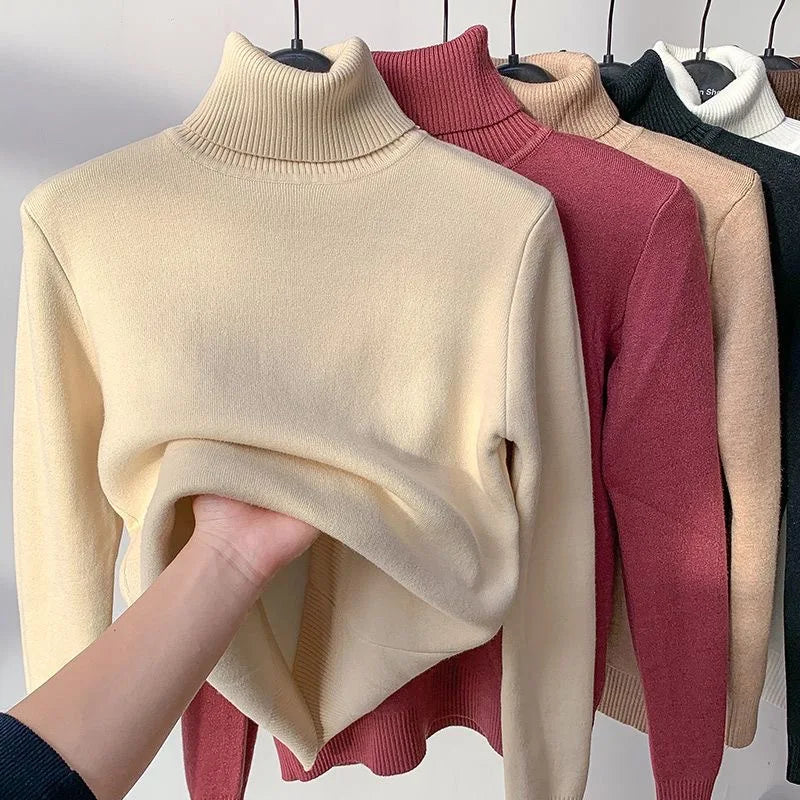 Women Elegant Thicken Velvet Lined Warm Knitted Top
