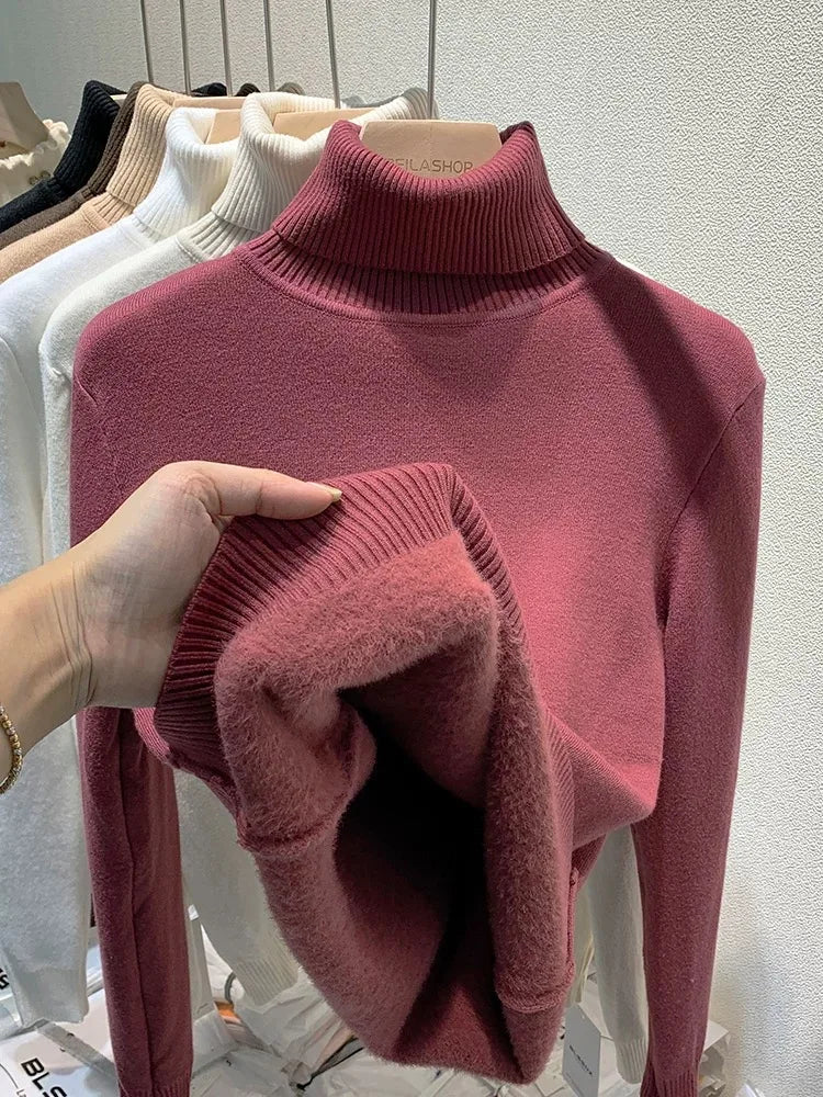Women Elegant Thicken Velvet Lined Warm Knitted Top