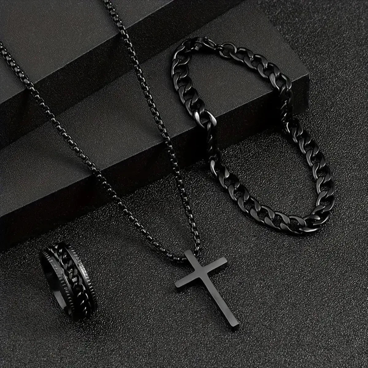 Dark Cross Block Necklace Pendant Bracelet Ring Set