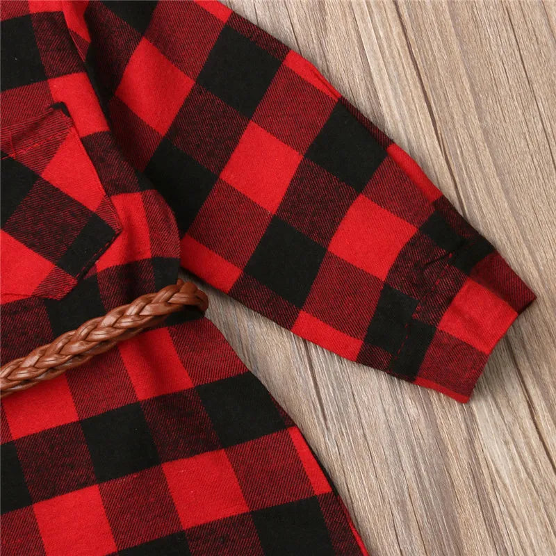 Plaid Christmas T-Shirt Kids Blouse Dress + Twist Belt