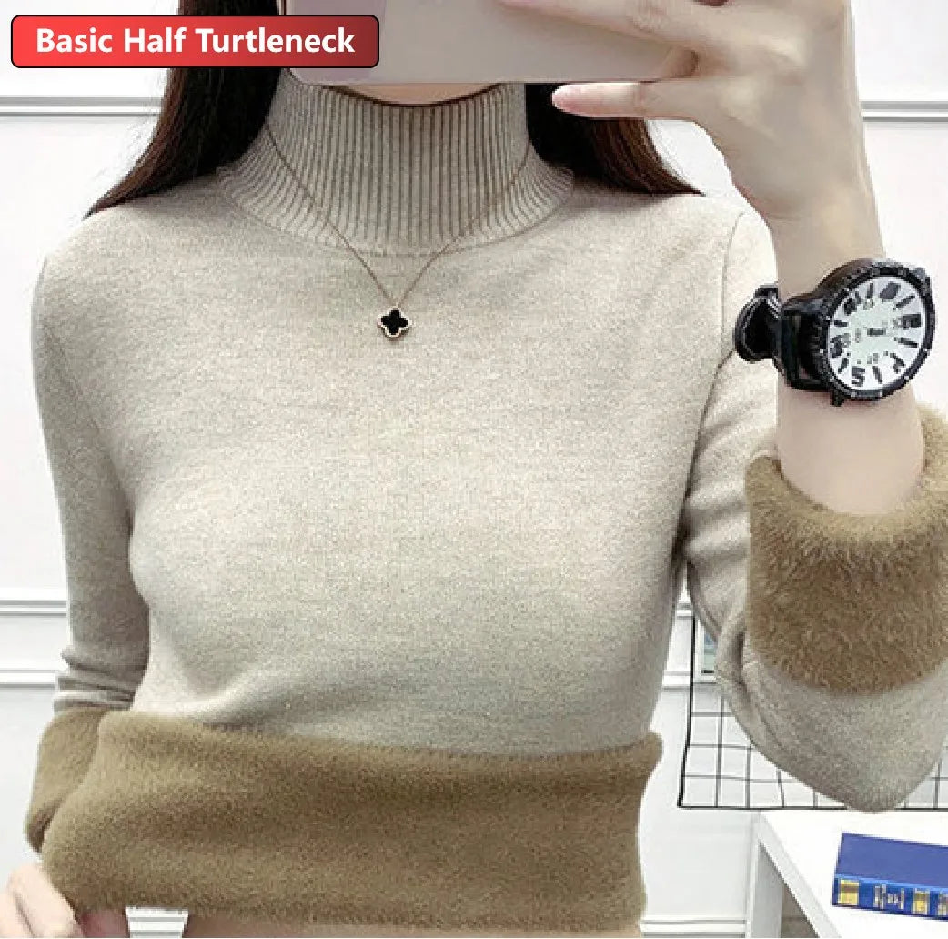 Women Elegant Thicken Velvet Lined Warm Knitted Top
