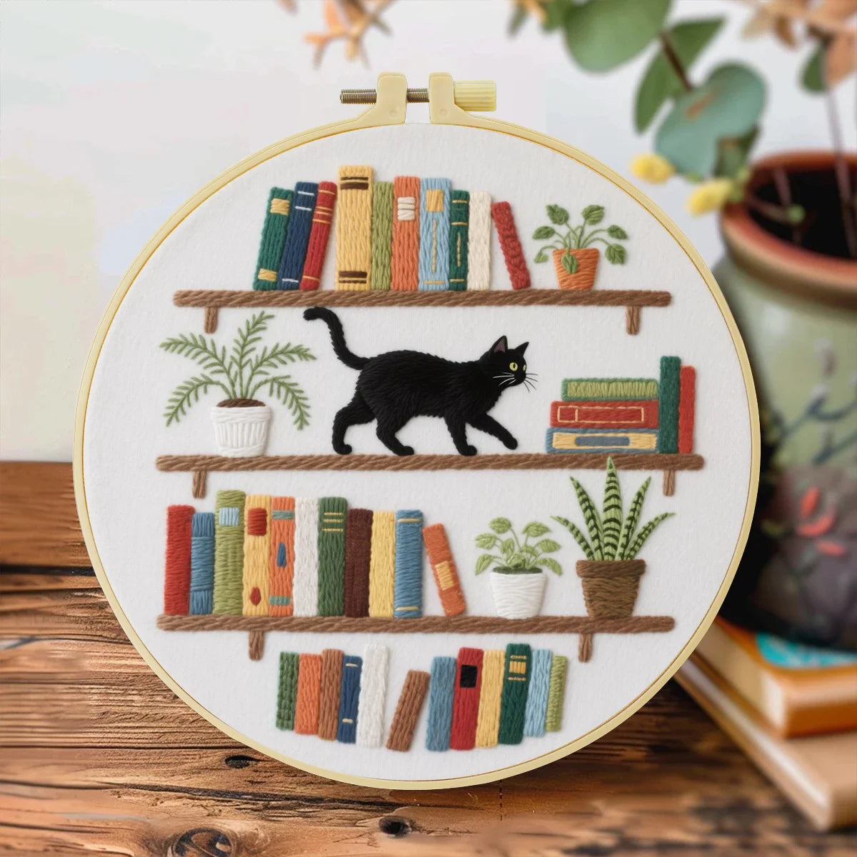 1pc 20X20CM/7.87inch The cat on the bookshelf Embroidery Starter Kit DIY kit Home Decor Needle Art Sewing Art