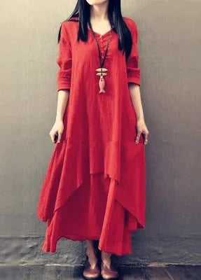 Loose Long Sleeve Cotton Artistic Style Two-Piece Gown