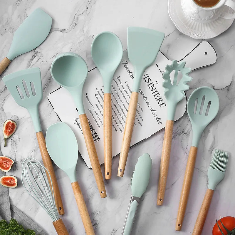 12Pcs Silicone Cooking Utensils Set For Handle Non Stick Pot Kitchenware Set Storage Bucket Resistant Accessoires kitchenware
