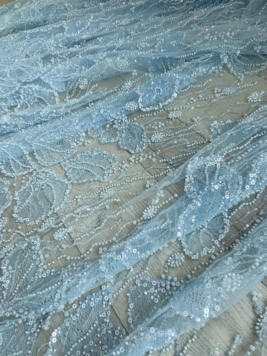 Light Blue Sequined Tulle Fabric Heavy Bead Lace Fabric For Wedding Dress For Couture, Fairytale Dress Fabric