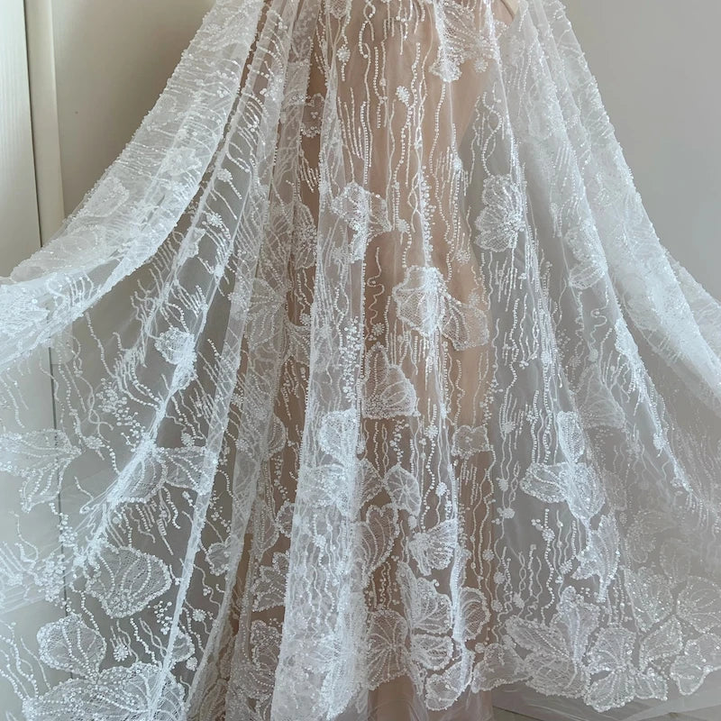 Light Blue Sequined Tulle Fabric Heavy Bead Lace Fabric For Wedding Dress For Couture, Fairytale Dress Fabric