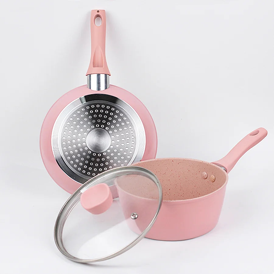 Home Kitchen Cookware Sets,Pots And Pans Set Nonstick,Cute Egg Steak Pan,Stockpot With Lid For All Stove Tops,3-Piece, Pink