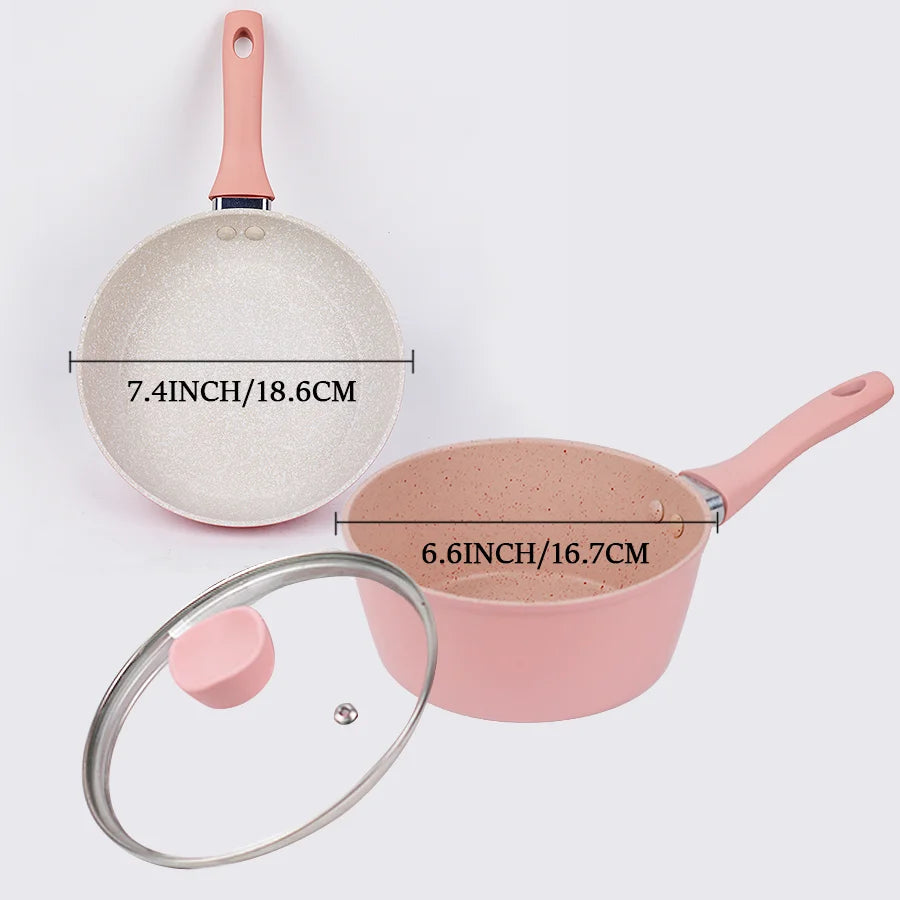 Home Kitchen Cookware Sets,Pots And Pans Set Nonstick,Cute Egg Steak Pan,Stockpot With Lid For All Stove Tops,3-Piece, Pink