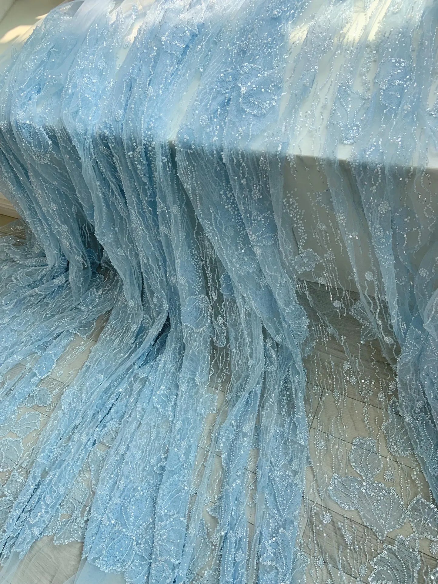 Light Blue Sequined Tulle Fabric Heavy Bead Lace Fabric For Wedding Dress For Couture, Fairytale Dress Fabric