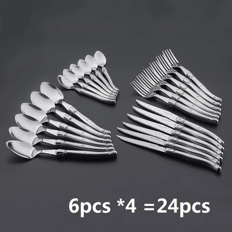 24pcs Laguiole Silverware Stainless Steel Tableware set 6 Dinner Knife 6 Steak Fork 6 Table Spoon 6 Teaspoon Dishwasher Safe