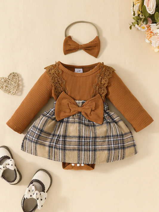 Baby Plaid With Bow Honey Jumpsuit+Headband