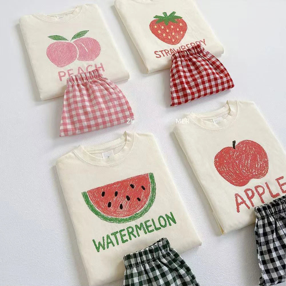 Fruit Pattern Suit Tees + Plaid Shorts Kids Outfits